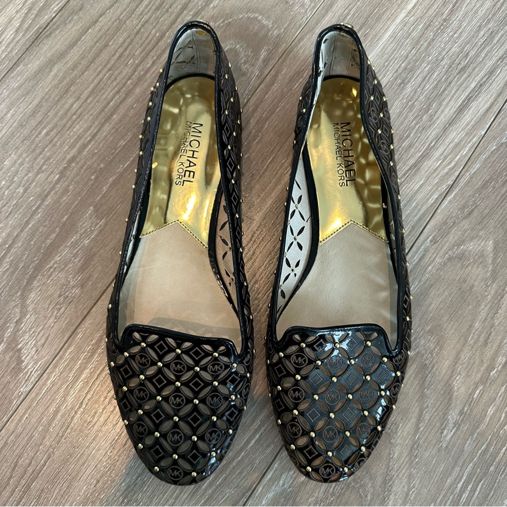 Michael Kors black and gold studded patent leather perforated loafers - Picture 2 of 8